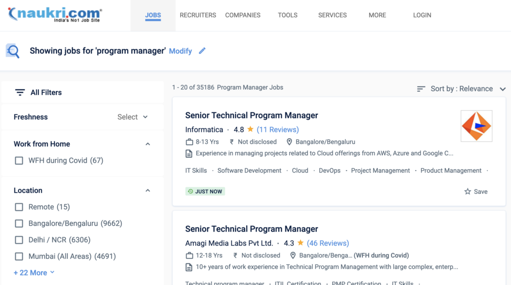 Naukri - Program manager job search result