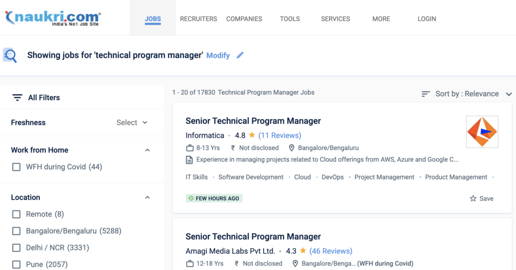 Technical Program Management job search on naukri